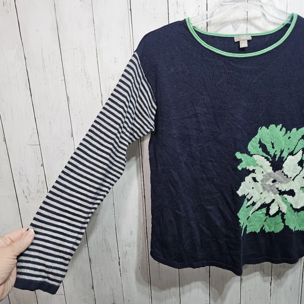 J. Jill Women's Blue Green Floral, Striped Sleeves Cotton Blend Sweater Size SP. - Picture 3 of 6